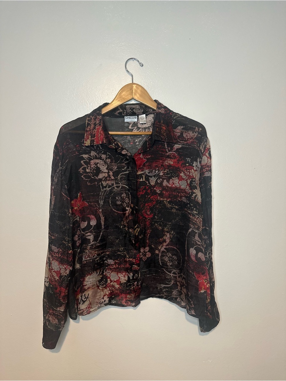 Chico's Silk Sheer Floral Button-Up Collared Long Sleeve Blouse Sz 3 Black Red